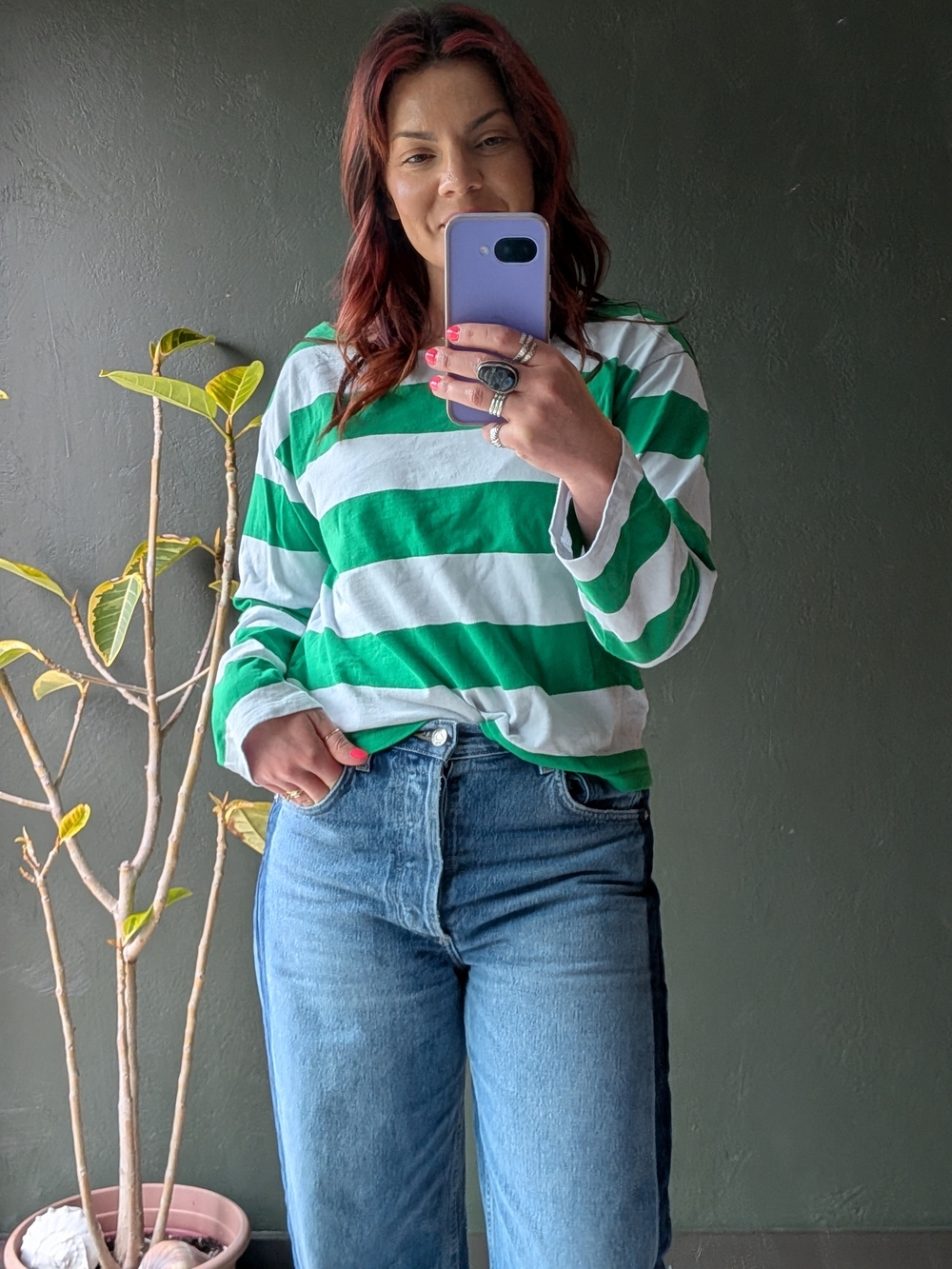 J. Crew Women's Green & White Wide-Stripe Long Sleeve Tee 100% Cotton